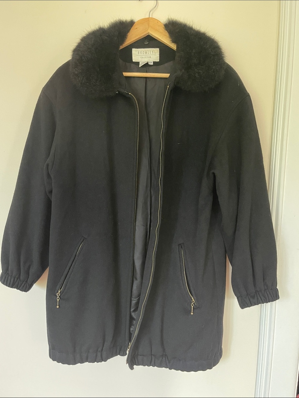 Lands' End Black Wool-Blend Pea Coat with Faux Fur Collar